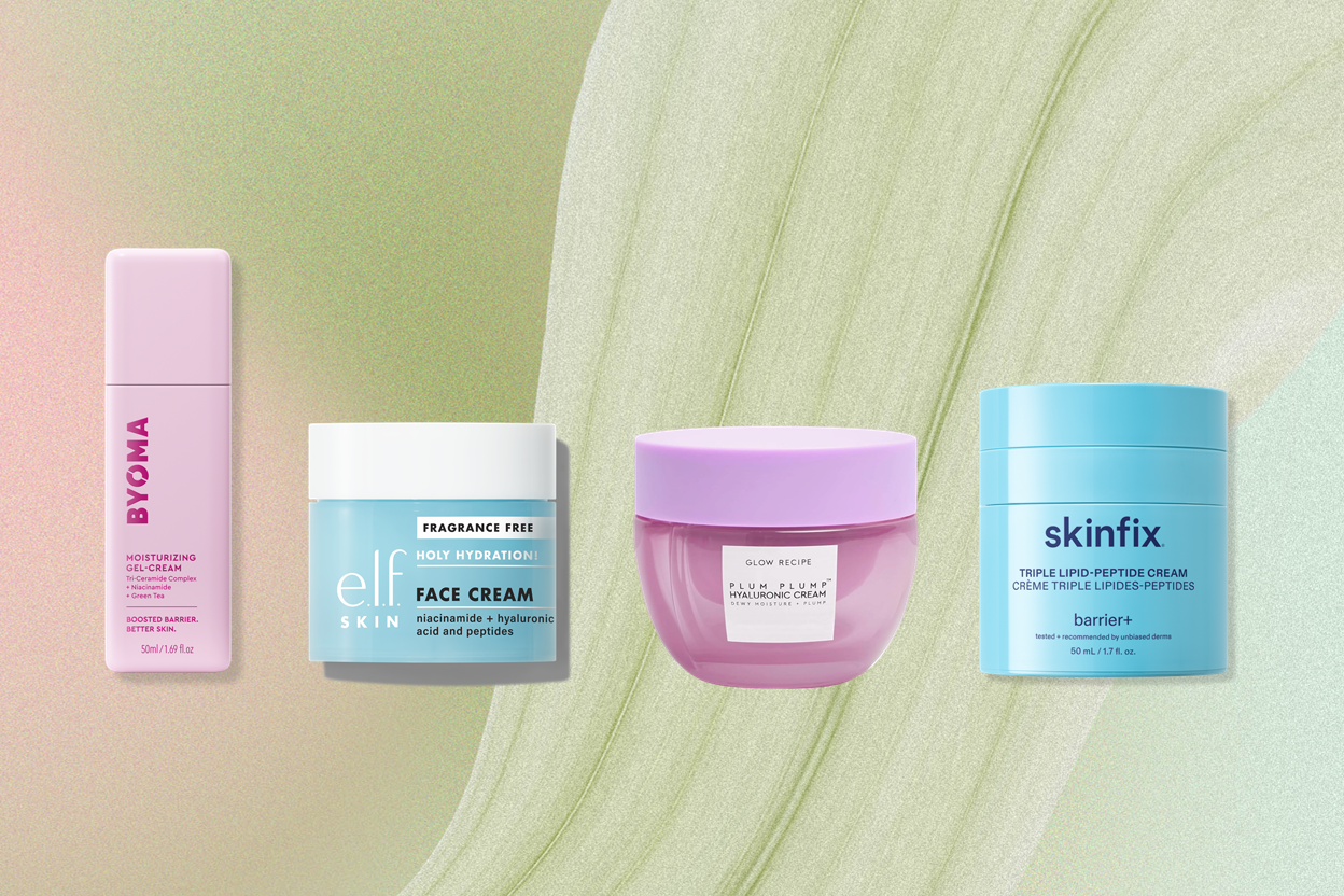 BYOMA, e.l.f., Glow Recipe and Skinfix cruelty-free moisturizers on a green textured background